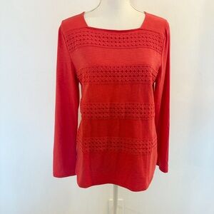 Talbots Petite Coral Pink Lace Trim Square Neck Top Size LP